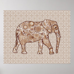 Póster elefante de remolino fractal - marrón y taupe