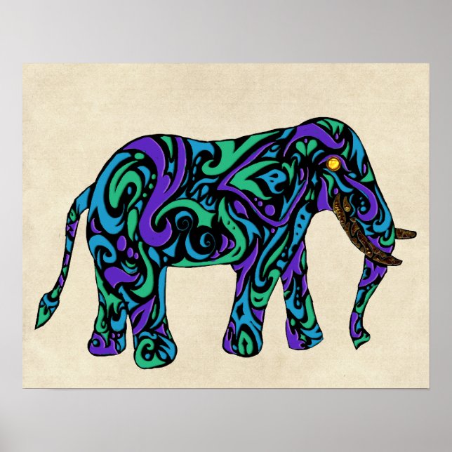 Póster Elefante de tatuaje tribal en azul morado y verde (Frente)