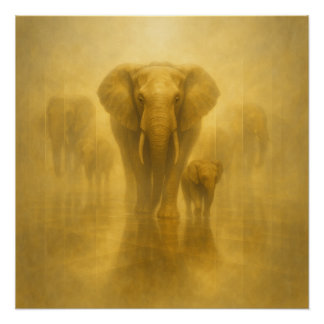 Póster Elefante dorado y ternero en un reino de espejo br