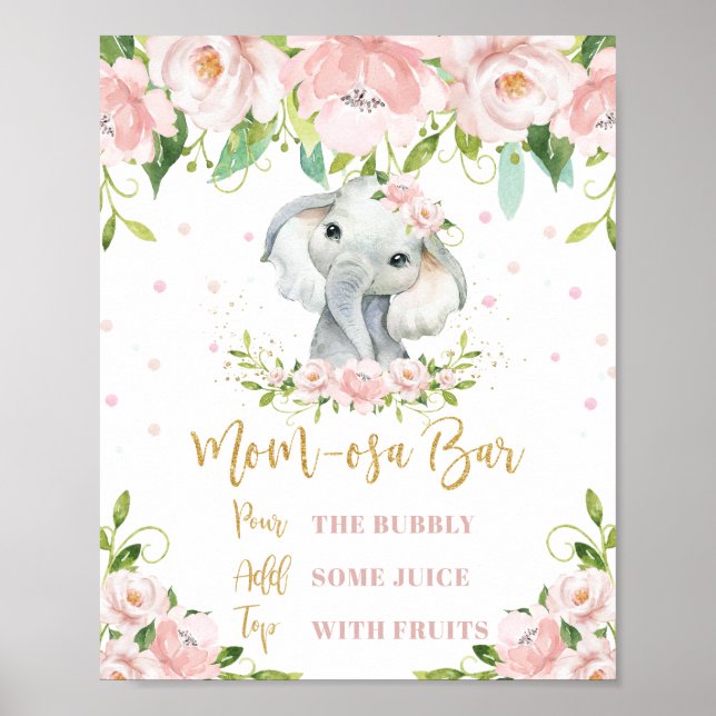Póster Elefante dulce Floral Rosa Dorada Mamá-osa Bar Mim (Frente)