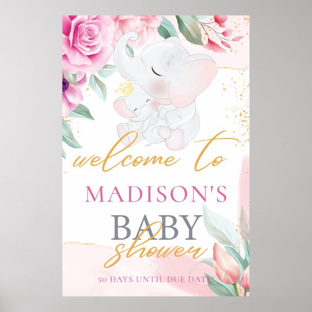 Póster Elefante Elegante chica personalizada ducha de beb (Frente)