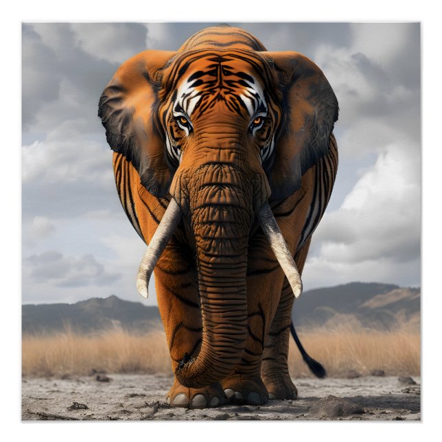 Póster Elefante En El Disfraz Tigre Glossy (Anverso)
