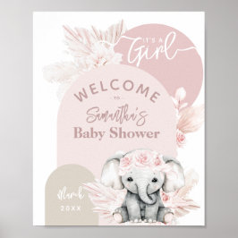 Póster Elefante es un chica Boho Floral Rosa Baby Shower