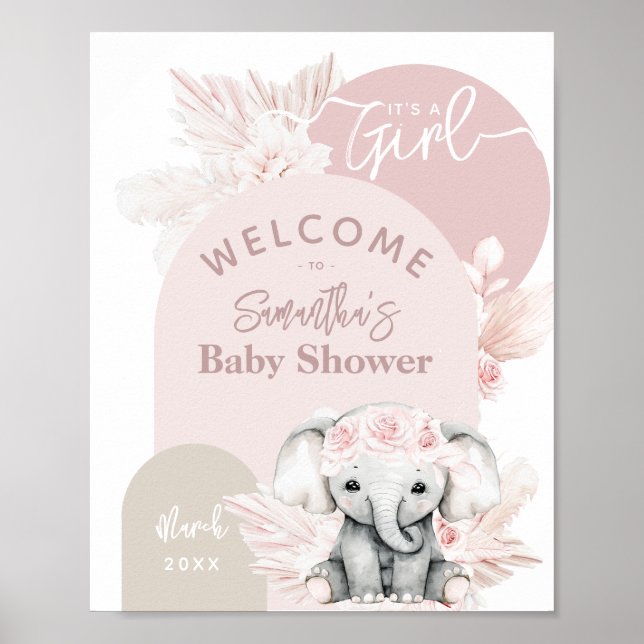 Póster Elefante es un chica Boho Floral Rosa Baby Shower (Frente)