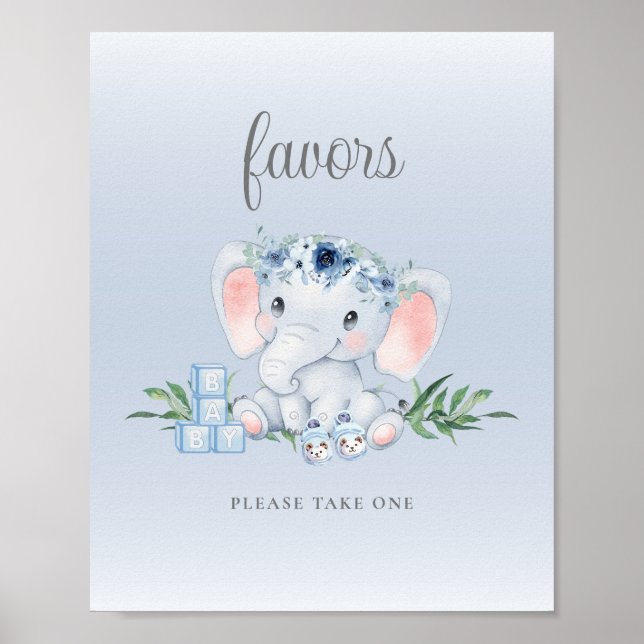 Póster Elefante floral azul Baby Shower favorece el Rótul (Frente)
