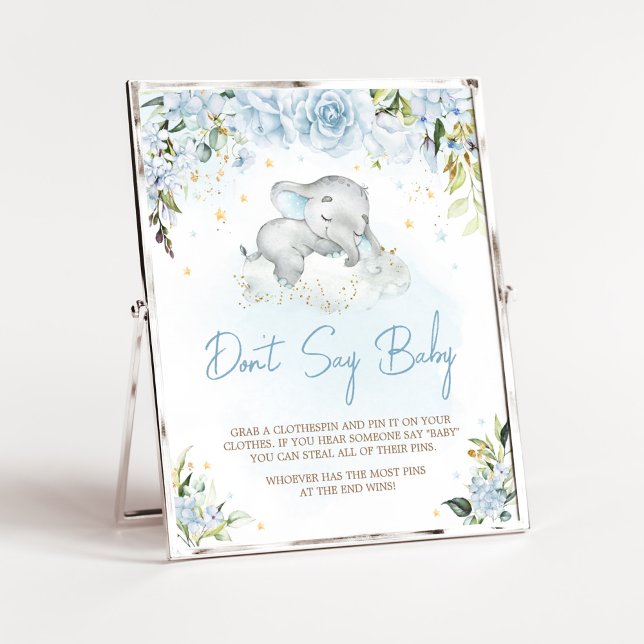 Póster Elefante floral azul Baby Shower no dice bebé (Blue Floral Sleeping Elephant Baby Shower Don't Say Baby Sign)