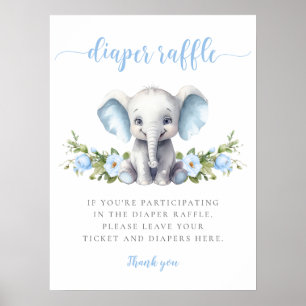 Póster Elefante Floral Azul Niño Bebé Ducha Diaper Raffle