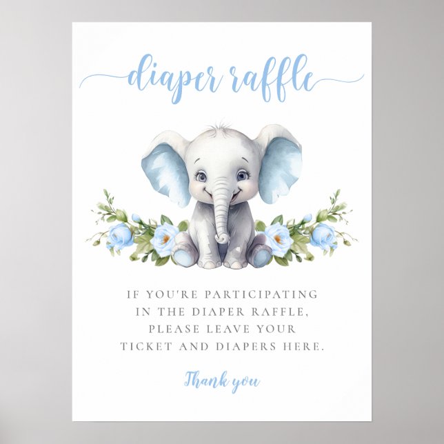 Póster Elefante Floral Azul Niño Bebé Ducha Diaper Raffle (Frente)