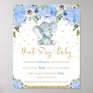 Póster Elefante floral azul no dice juego de Baby Shower