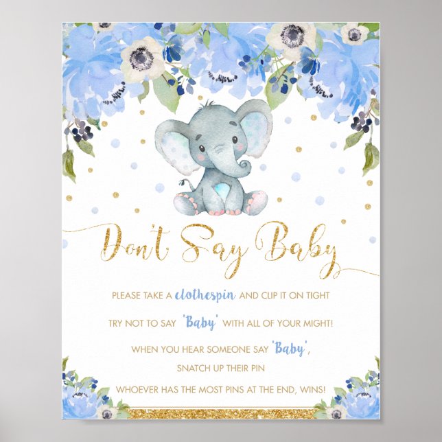 Póster Elefante floral azul no dice juego de Baby Shower (Frente)