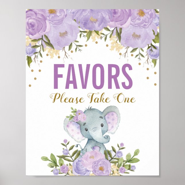 Póster Elefante floral Girly Purple Gold favorece al Rótu (Frente)