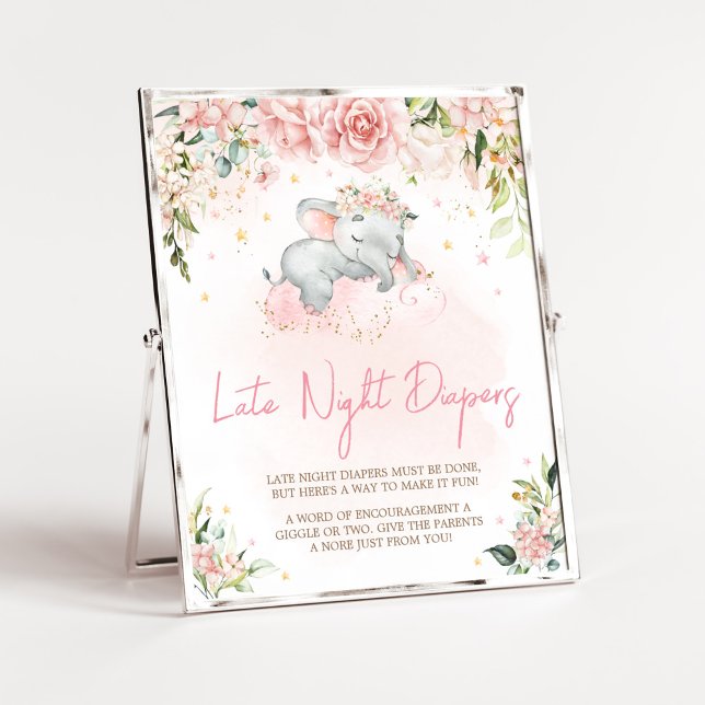 Póster Elefante Floral Rosa (Pink Floral Sleeping Elephant Baby Shower Late Night Diapers Sign)