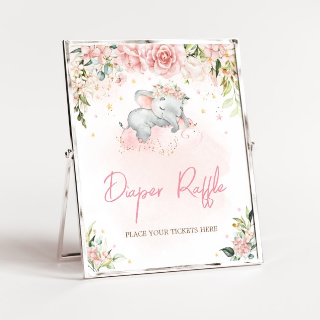 Póster Elefante floral rosa Baby Shower Diaper Raffle (Pink Floral Sleeping Elephant Baby Shower Diaper Raffle Sign)