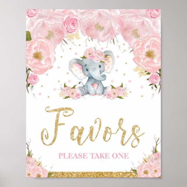 Póster Elefante floral rosa Baby Shower favorece el Rótul (Frente)
