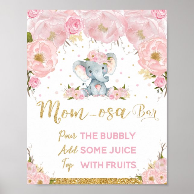 Póster Elefante floral rosa Baby Shower Mom-osa Bar (Frente)