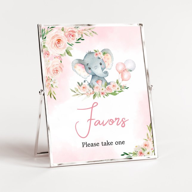 Póster Elefante floral rosa globo Baby Shower favorece (Floral Balloon Elephant Baby Shower Favors Sign)
