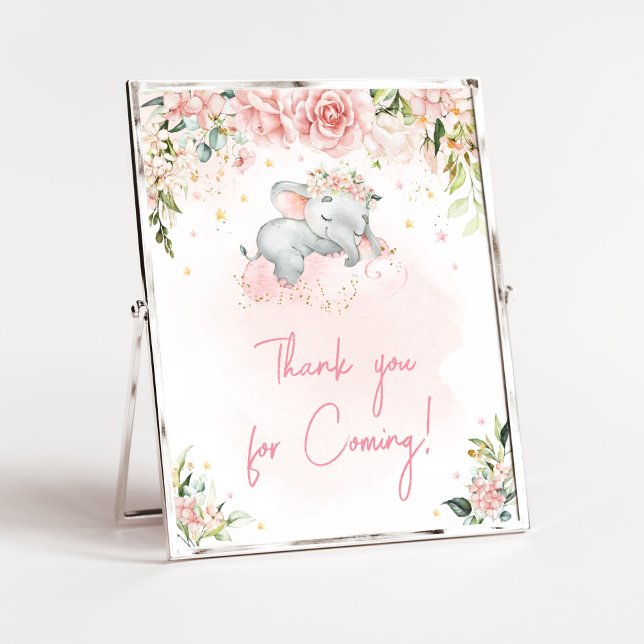 Póster Elefante floral rosa gracias por venir (Pink Floral Sleeping Elephant Baby Shower Thank you for Coming Sign)