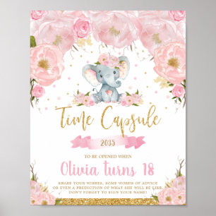 Póster Elefante Floral Rosa Primera Cápsula de Cumpleaños