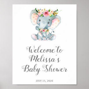 Póster Elefante floral Rótulo Baby Shower, nena ducha