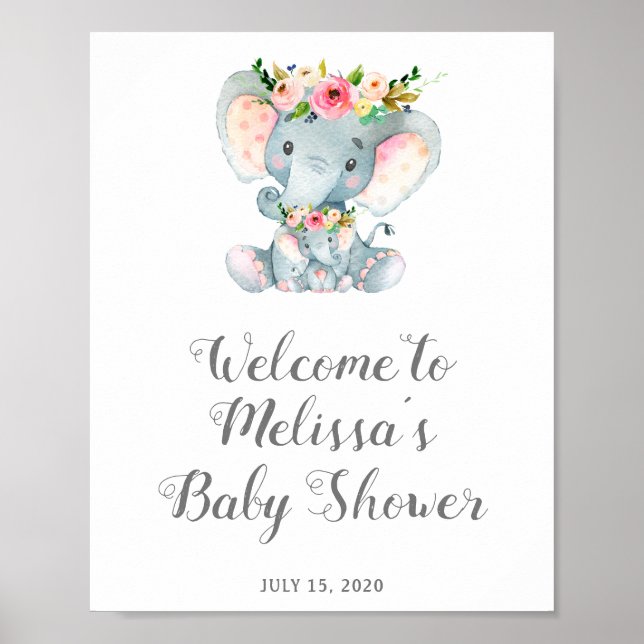 Póster Elefante floral Rótulo Baby Shower, nena ducha (Frente)
