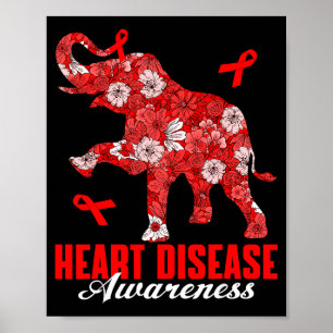 Póster Elefante Floral y Cinta Roja Enfermedad Cardíaca A