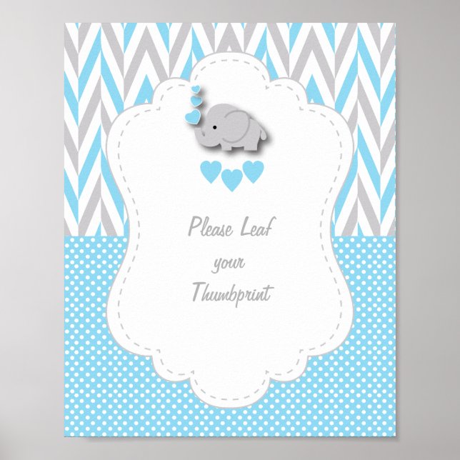 Póster Elefante gris azul Baby Shower 4 (Frente)