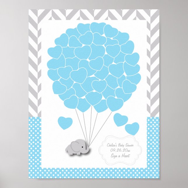 Póster Elefante gris azul blanco Baby Shower 2 - Invitado (Frente)
