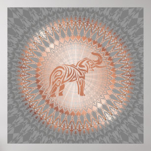 Póster Elefante gris dorado Rosa Mandala