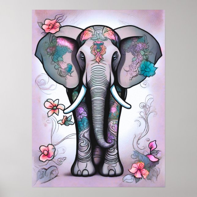 Póster Elefante gris indio adornado con flores (Frente)