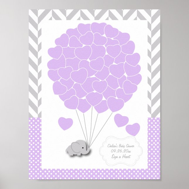 Póster Elefante gris morado blanco Baby Shower 2 - Invita (Frente)