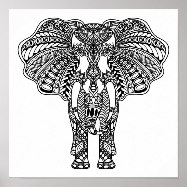 Póster Elefante Indio Decorado con Henna Mehndi 2 (Frente)