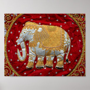 Póster Elefante indio embellecido rojo y oro