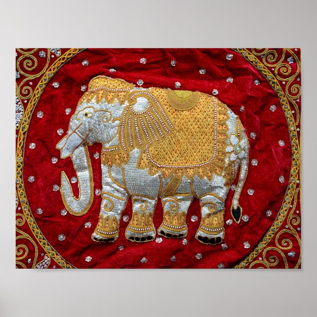 Póster Elefante indio embellecido rojo y oro (Frente)