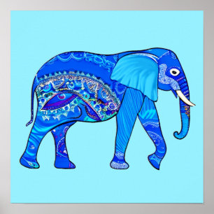 Póster Elefante indio en un patrón árabe azul