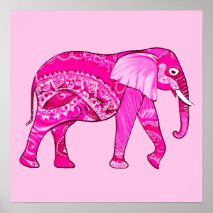 Póster Elefante indio en una maraña árabe rosa de Fuchsia