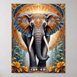 Póster Elefante indio sagrado sobre patrón étnico y flore