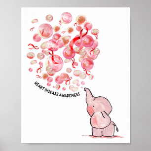 Póster Elefante Infla Globos Rojos Conciencia de Enfermed
