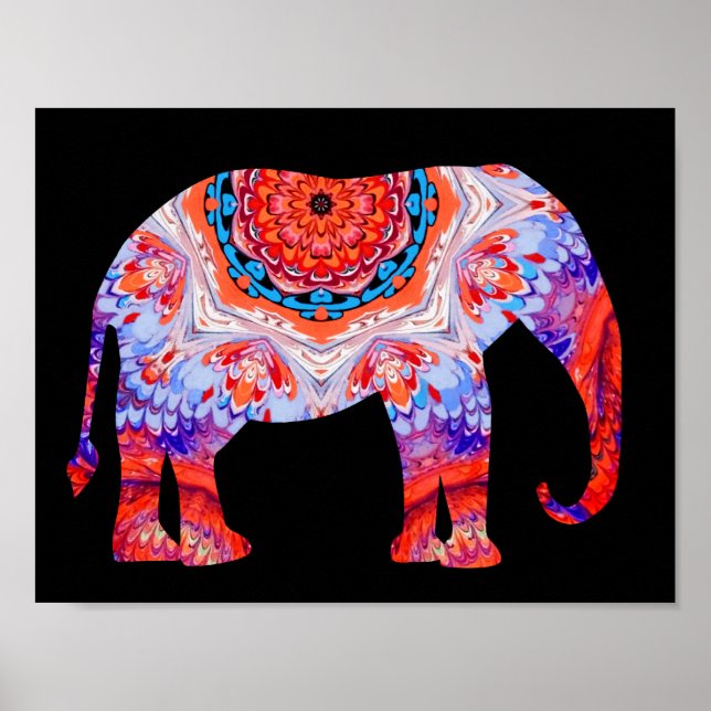 Póster Elefante Kaleidoscope Poster en azul y Naranja (Frente)
