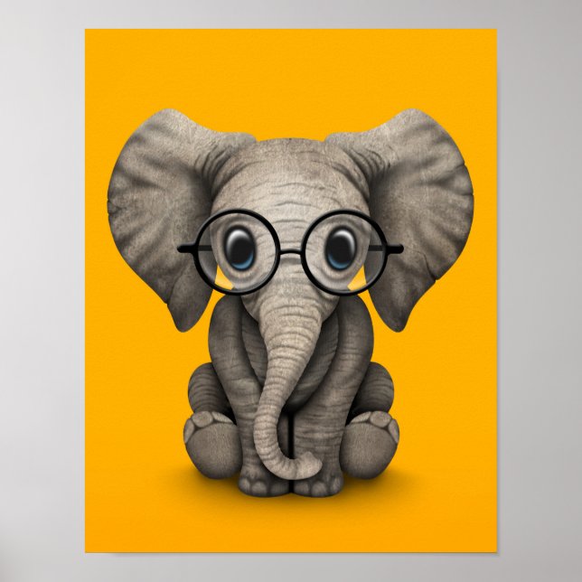 Póster Elefante lindo bebé con lentes de lectura amarillo (Frente)