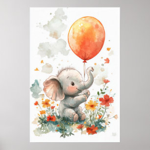 Póster Elefante lindo con Ilustracion acuático en globo