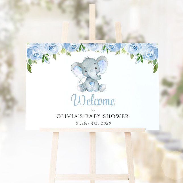 Póster Elefante lindo, flores azules, bienvenida a Baby S (Subido por el creador)