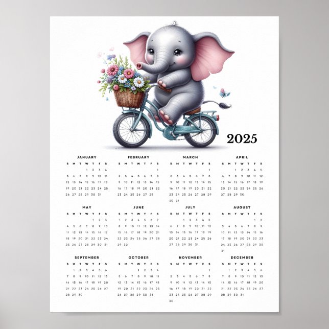 Póster Elefante lindo montando un calendario de bicicleta (Frente)