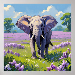 Póster Elefante majestuoso caminando en pintura de campo