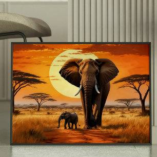Póster Elefante majestuoso y Poster del atardecer african