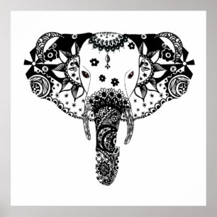 Póster elefante maraña de línea blanca y negra moderna