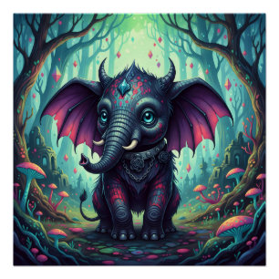 Póster Elefante místico alado en un bosque encantado