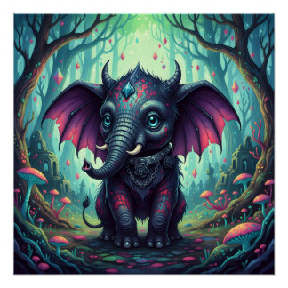 Póster Elefante místico alado en un bosque encantado