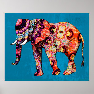Póster Elefante multicolor de fondo azul