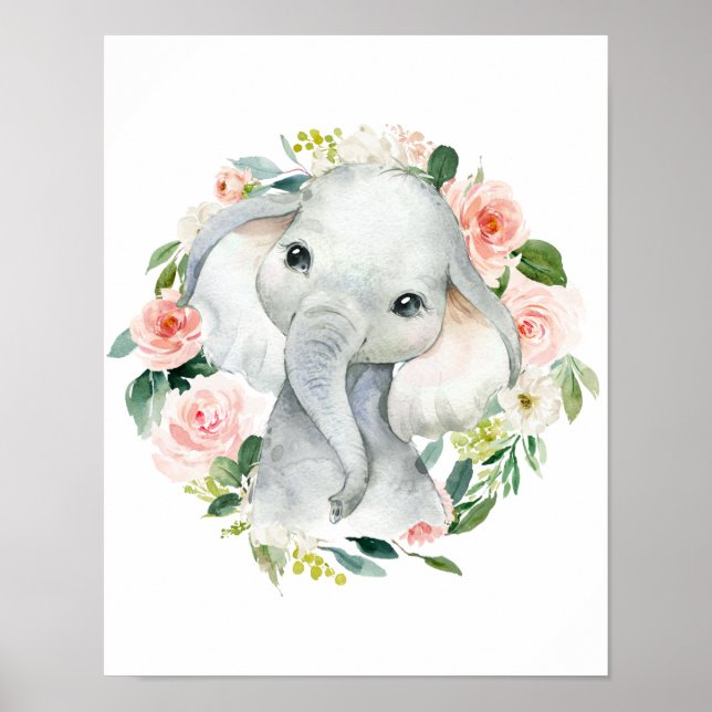 Póster Elefante Niña Bebé Floral Adorable (Frente)