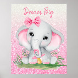 Póster Elefante niña purpurina rosa sueña grande lindo